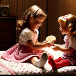 **

A nostalgic scene depicting two young Dutch girls in a dimly lit room, using flashlights to stage a play with their Sophie Ruby dolls. Emphasize the playful atmosphere and the girls' laughter. Include details such as typical Dutch children's bedroom décor, possibly with "stroopwafels" or other Dutch snacks nearby. The lighting should be soft and focused, highlighting the dolls and the girls' expressions.

**