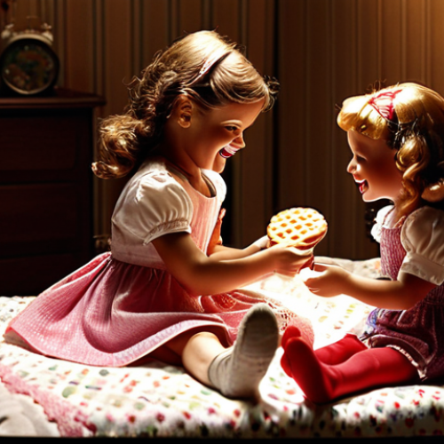**

A nostalgic scene depicting two young Dutch girls in a dimly lit room, using flashlights to stage a play with their Sophie Ruby dolls. Emphasize the playful atmosphere and the girls' laughter. Include details such as typical Dutch children's bedroom décor, possibly with "stroopwafels" or other Dutch snacks nearby. The lighting should be soft and focused, highlighting the dolls and the girls' expressions.

**