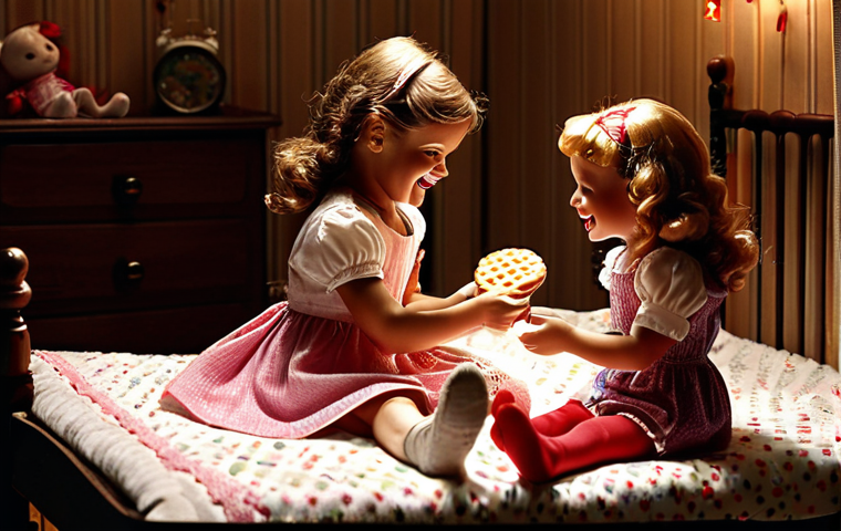 **
A nostalgic scene depicting two young Dutch girls in a dimly lit room, using flashlights to stage a play with their Sophie Ruby dolls. Emphasize the playful atmosphere and the girls' laughter. Include details such as typical Dutch children's bedroom décor, possibly with "stroopwafels" or other Dutch snacks nearby. The lighting should be soft and focused, highlighting the dolls and the girls' expressions.
**